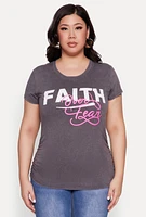 Womens Plus Size Mineral Wash Faith Over Fear Graphic Tee, Grey, Size 3X