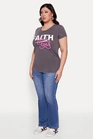 Womens Plus Size Mineral Wash Faith Over Fear Graphic Tee, Grey, Size 2X