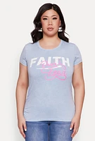 Womens Plus Size Mineral Wash Faith Over Fear Graphic Tee, Blue, Size 1X