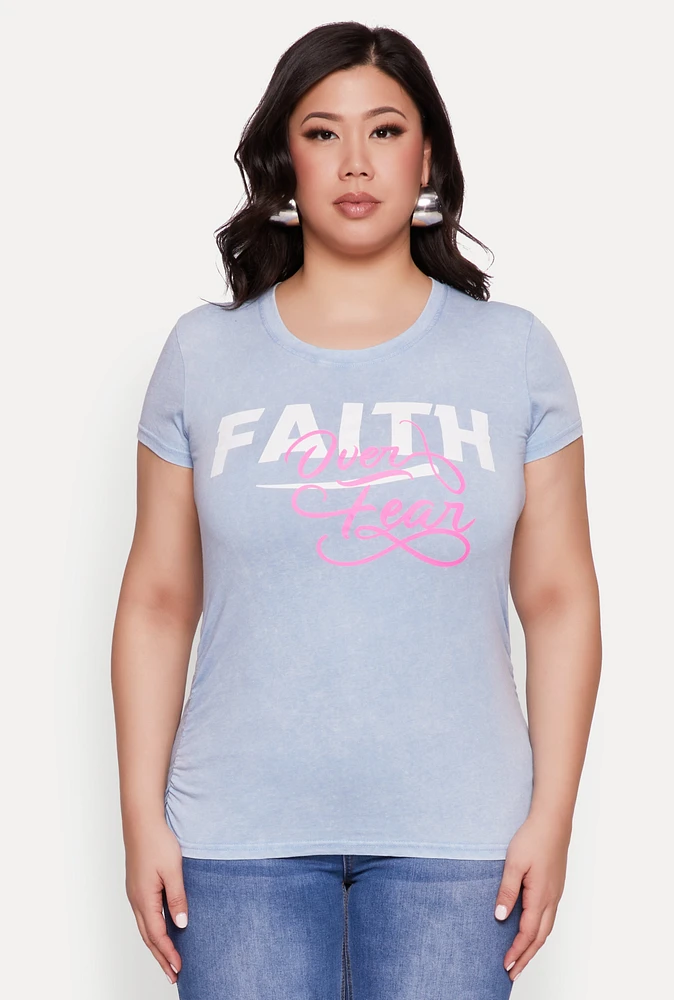 Womens Plus Mineral Wash Faith Over Fear Graphic Tee, Blue,