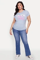 Womens Plus Size Mineral Wash Faith Over Fear Graphic Tee, Blue, Size 1X