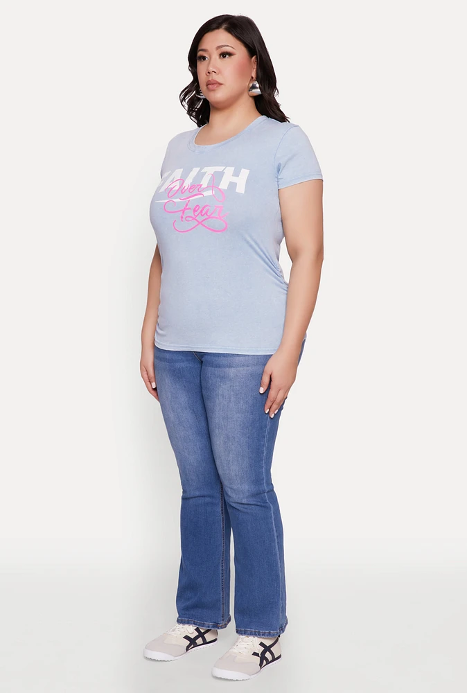 Womens Plus Mineral Wash Faith Over Fear Graphic Tee, Blue,