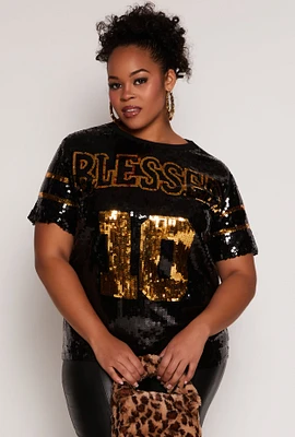 Womens Plus Size Blessed 10 Sequin Mesh Top, Black, Size 1X