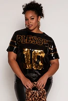 Womens Plus Size Blessed 10 Sequin Mesh Top, Black, Size 1X