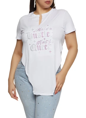 Womens Plus Size Mind Of A Hustler Heart Of A Queen Rhinestone Tunic Top, White, Size 2X