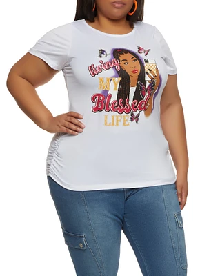 Womens Plus Size Living My Blessed Life Rhinestone Graphic Tee, White, Size 1X