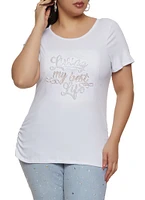 Womens Plus Size Rhinestone Living My Best Life Tee, White, Size 1X