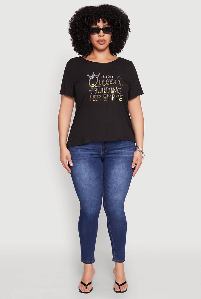 Womens Plus Size Just A Queen 3D Foil Graphic Tee, Black, Size 2X