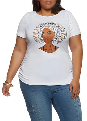 Womens Plus Size Beautiful Afro Rhinestone Graphic Tee, White, Size 1X