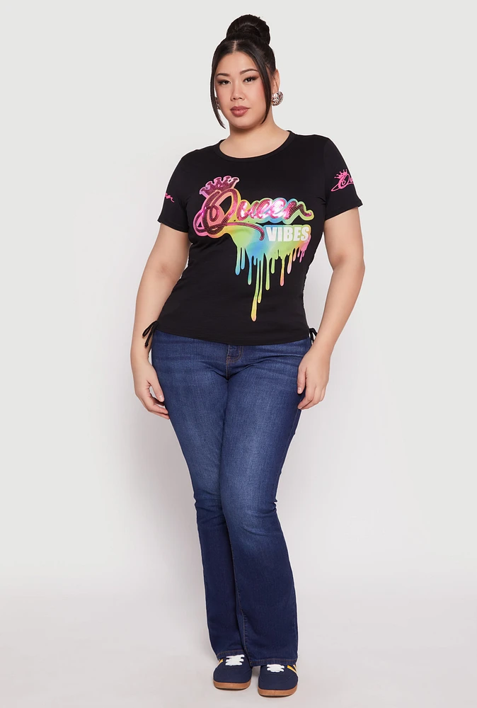 Womens Plus Sequin Queen Vibes Graphic Tee, 3X