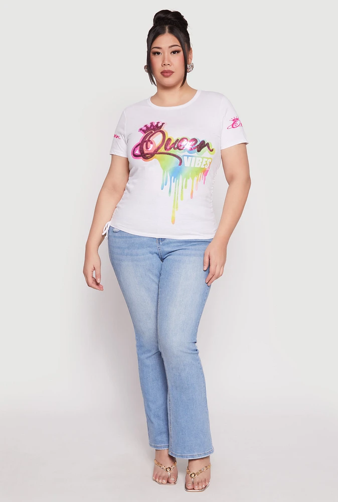 Womens Plus Size Sequin Queen Vibes Graphic Tee, White, Size 3X