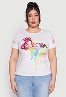 Womens Plus Size Sequin Queen Vibes Graphic Tee, White, Size 1X