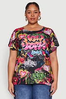 Womens Plus Size New York Graffiti Print Tee, Multi, Size 2X