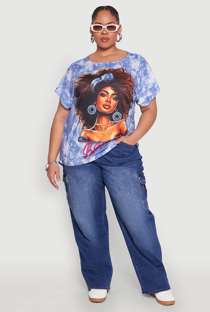 Womens Plus Size Blessed Life Graphic Tee, Blue, Size 1X