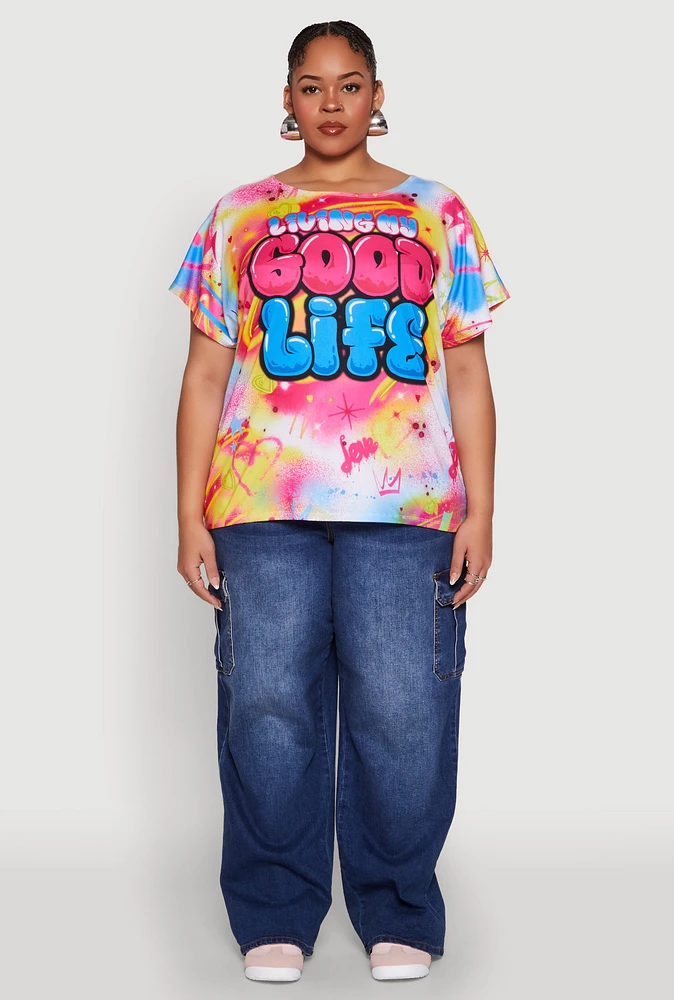 Womens Plus Size Living My Good Life Graphic Tee, Multi, Size 2X