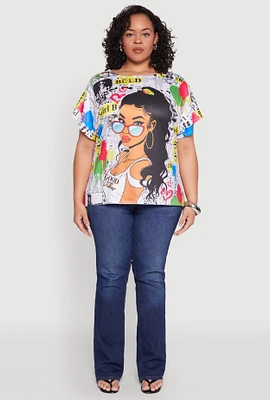 Womens Plus Size Good Vibes Graphic Newspaper Print Tee, Multi, Size 3X