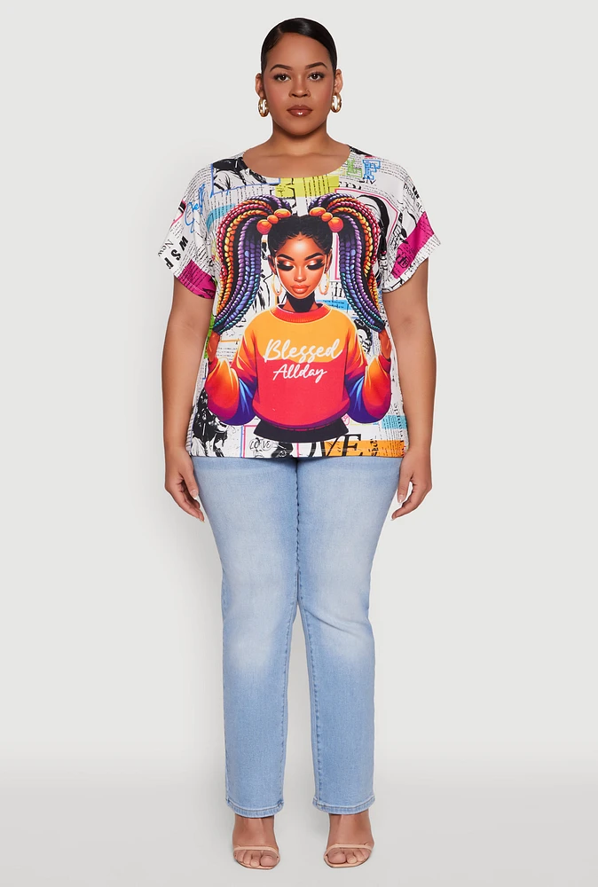 Womens Plus Size Blessed Graffiti Graphic Tee, Multi, Size 2X