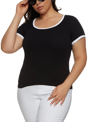 Womens Plus Size Rib Knit Seamless Ringer Tee, Black, Size 1X-2X