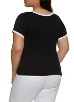 Womens Plus Size Rib Knit Seamless Ringer Tee, Black, Size 1X-2X