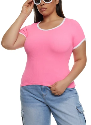 Womens Plus Size Rib Knit Seamless Ringer Tee, Pink, Size 1X-2X