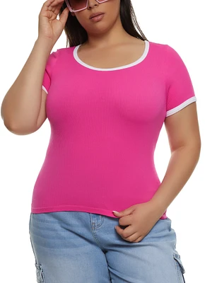 Womens Plus Size Rib Knit Seamless Ringer Tee, Pink, Size 1X-2X