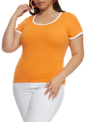 Womens Plus Size Rib Knit Seamless Ringer Tee, Orange, Size 1X-2X