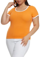 Womens Plus Size Rib Knit Seamless Ringer Tee, Orange, Size 1X-2X