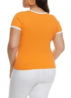 Womens Plus Size Rib Knit Seamless Ringer Tee, Orange, Size 1X-2X