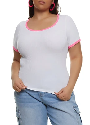 Womens Plus Size Rib Knit Seamless Ringer Tee, White, Size 1X-2X