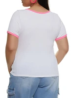 Womens Plus Size Rib Knit Seamless Ringer Tee, White, Size 1X-2X