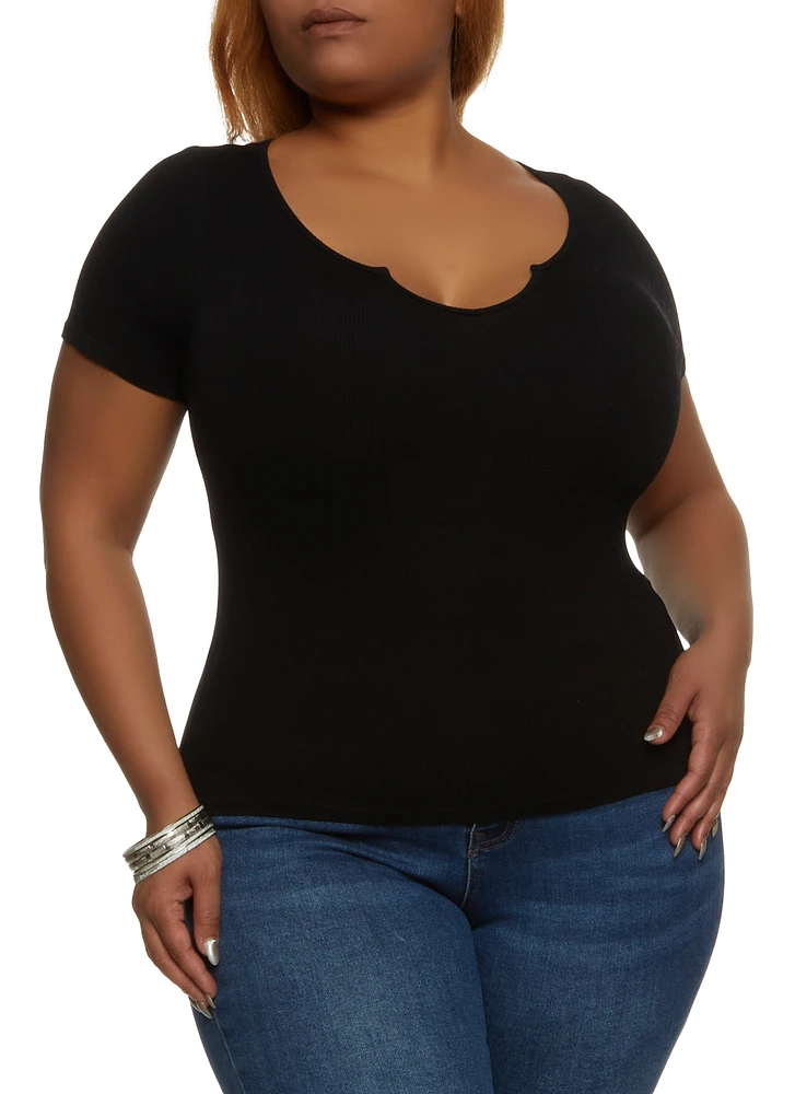 Womens Plus Size Ribbed Knit Notch Neck Basic Tee, Black, Size 1X-2X