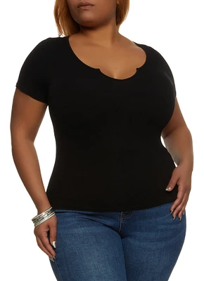 Womens Plus Size Ribbed Knit Notch Neck Basic Tee, Black, Size 1X-2X