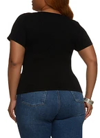 Womens Plus Size Ribbed Knit Notch Neck Basic Tee, Black, Size 1X-2X