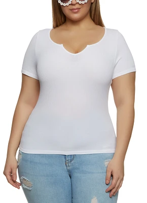 Womens Plus Size Ribbed Knit Notch Neck Basic Tee, White, Size 1X-2X