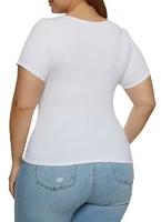 Womens Plus Size Ribbed Knit Notch Neck Basic Tee, White, Size 1X-2X