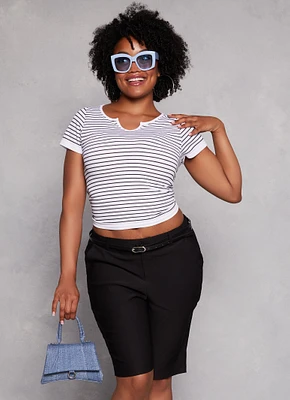 Womens Plus Seamless Striped Notch Neck Tee, Multi,