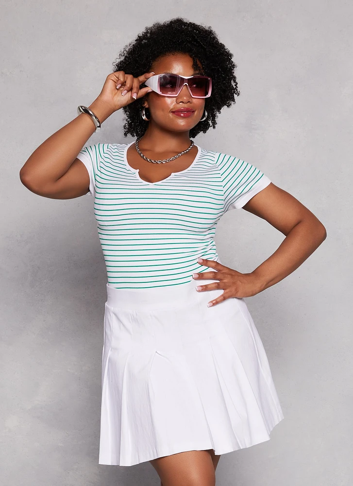 Womens Plus Size Seamless Striped Notch Neck Tee, Green, Size 2X-3X