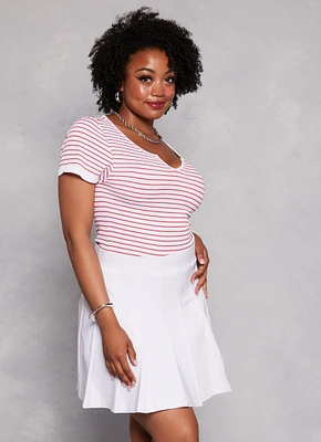 Womens Plus Seamless Striped Notch Neck Tee, Multi,