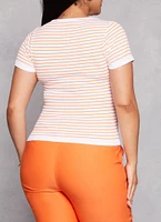 Womens Plus Seamless Striped Notch Neck Tee, Multi,