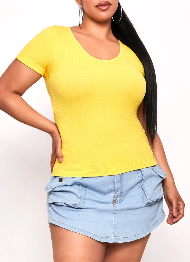 Womens Plus Size Seamless Textured Knit Scoop Neck Tee, Yellow, Size 2X-3X