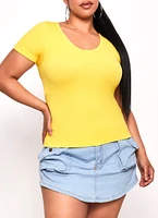 Womens Plus Size Seamless Textured Knit Scoop Neck Tee, Yellow, Size 2X-3X