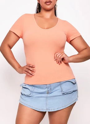 Womens Plus Size Seamless Textured Knit Scoop Neck Tee, Orange, Size 1X-2X