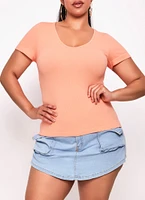 Womens Plus Size Seamless Textured Knit Scoop Neck Tee, Orange, Size 1X-2X