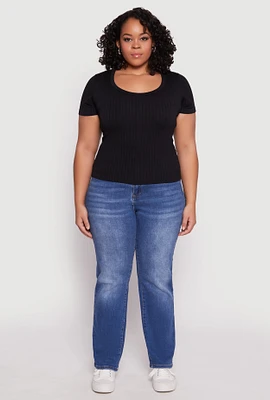 Womens Plus Size Basic Ribbed Knit Seamless Top, Black, Size 1X-2X