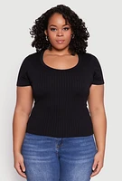 Womens Plus Size Basic Ribbed Knit Seamless Top, Black, Size 1X-2X