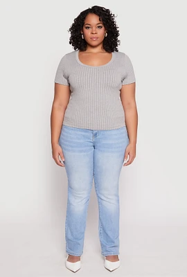 Womens Plus Size Basic Ribbed Knit Seamless Top, Grey, Size 1X-2X