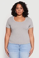 Womens Plus Size Basic Ribbed Knit Seamless Top, Grey, Size 1X-2X