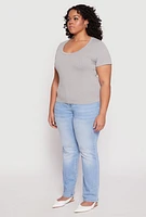 Womens Plus Size Basic Ribbed Knit Seamless Top, Grey, Size 1X-2X