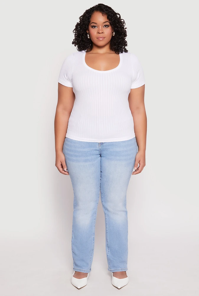 Womens Plus Size Basic Ribbed Knit Seamless Top, White, Size 2X-3X