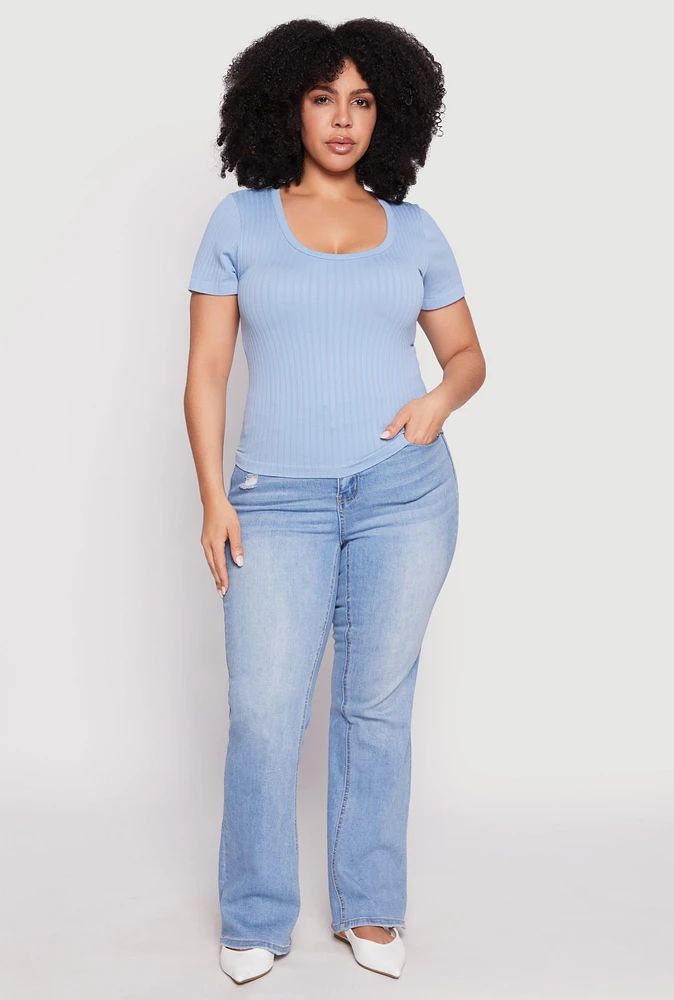 Womens Plus Size Basic Ribbed Knit Seamless Top, Blue, Size 2X-3X